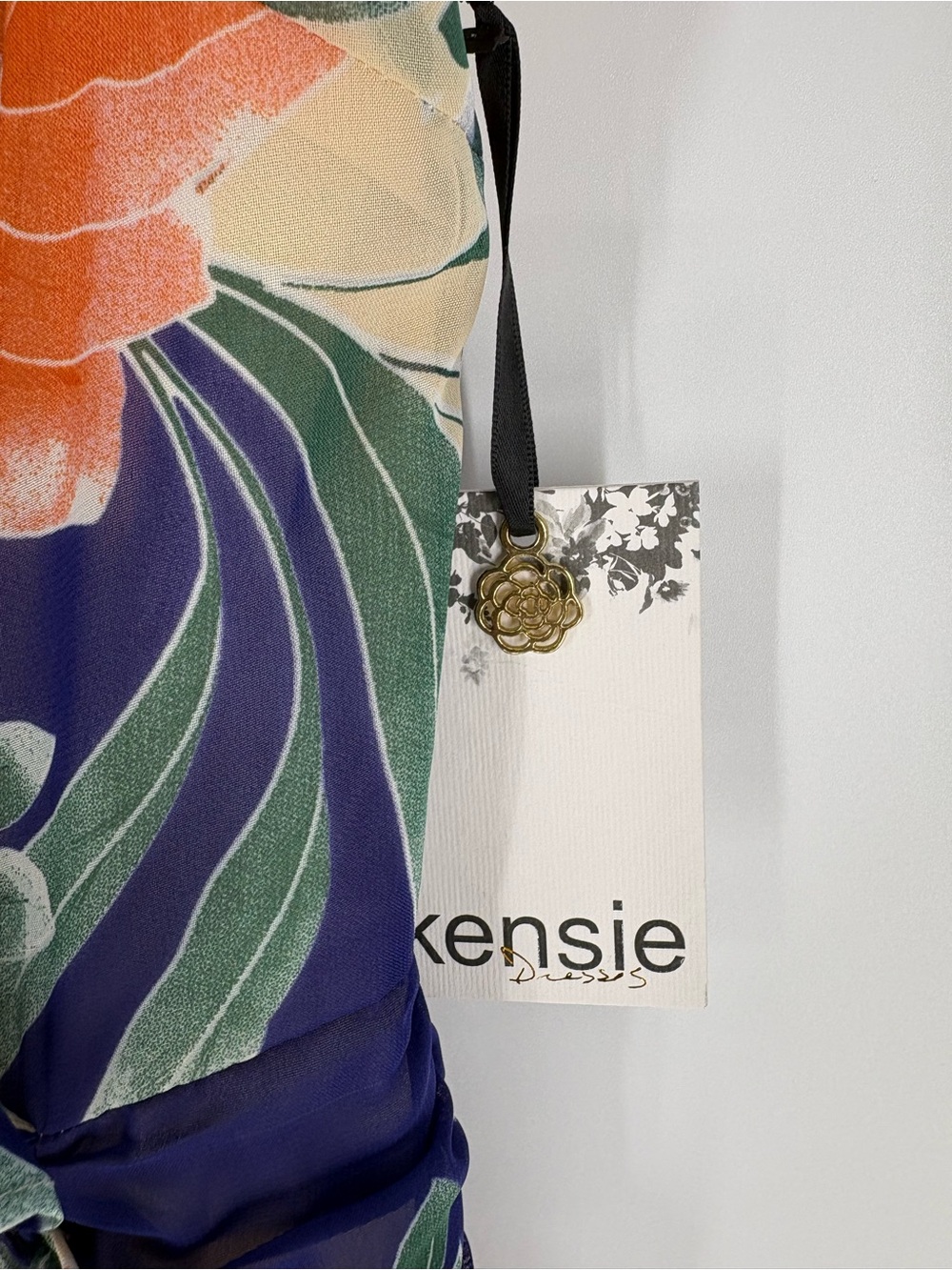 New Kensie Navy Floral Ruffle Wrap Midi Dress with Orange & Cream size 2 - Picture 5 of 5